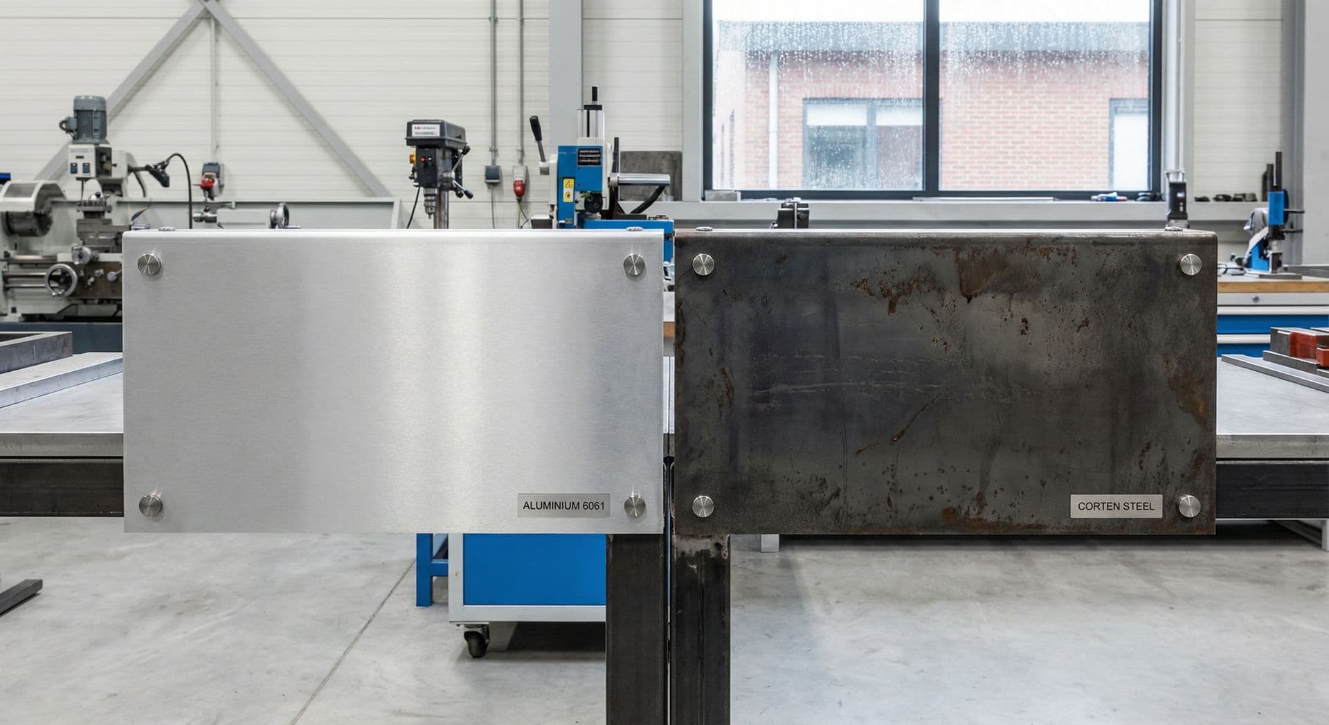 Aluminium and steel sample panels side by side on a workshop bench