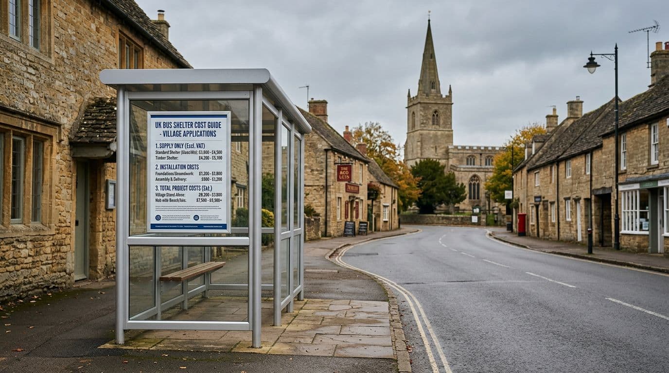 Glazed aluminium bus shelter on a village high street with stone cottages and a church spire