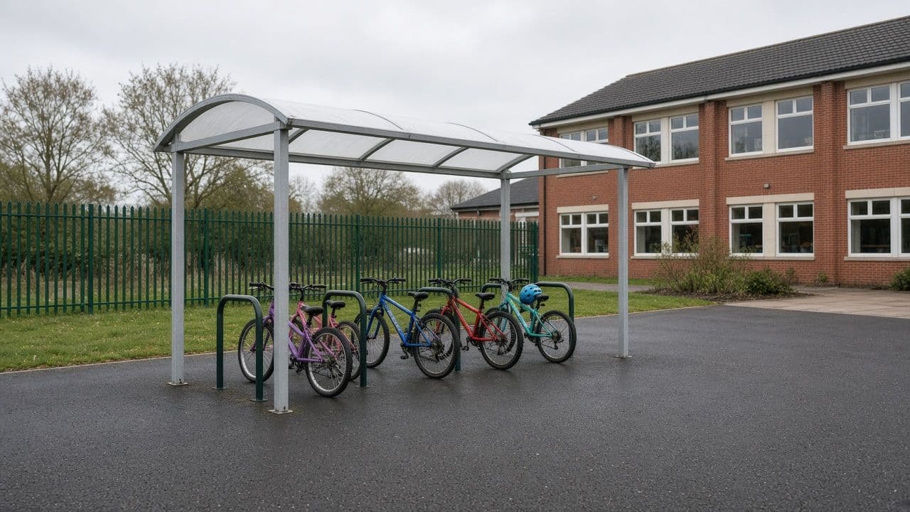 Curved-roof cycle shelter with children's bikes on Sheffield stands in a school grounds