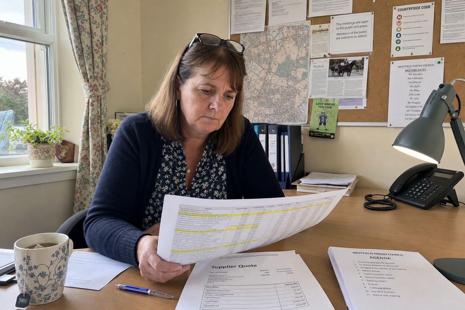 Woman reading a spreadsheet and supplier quote in a parish office