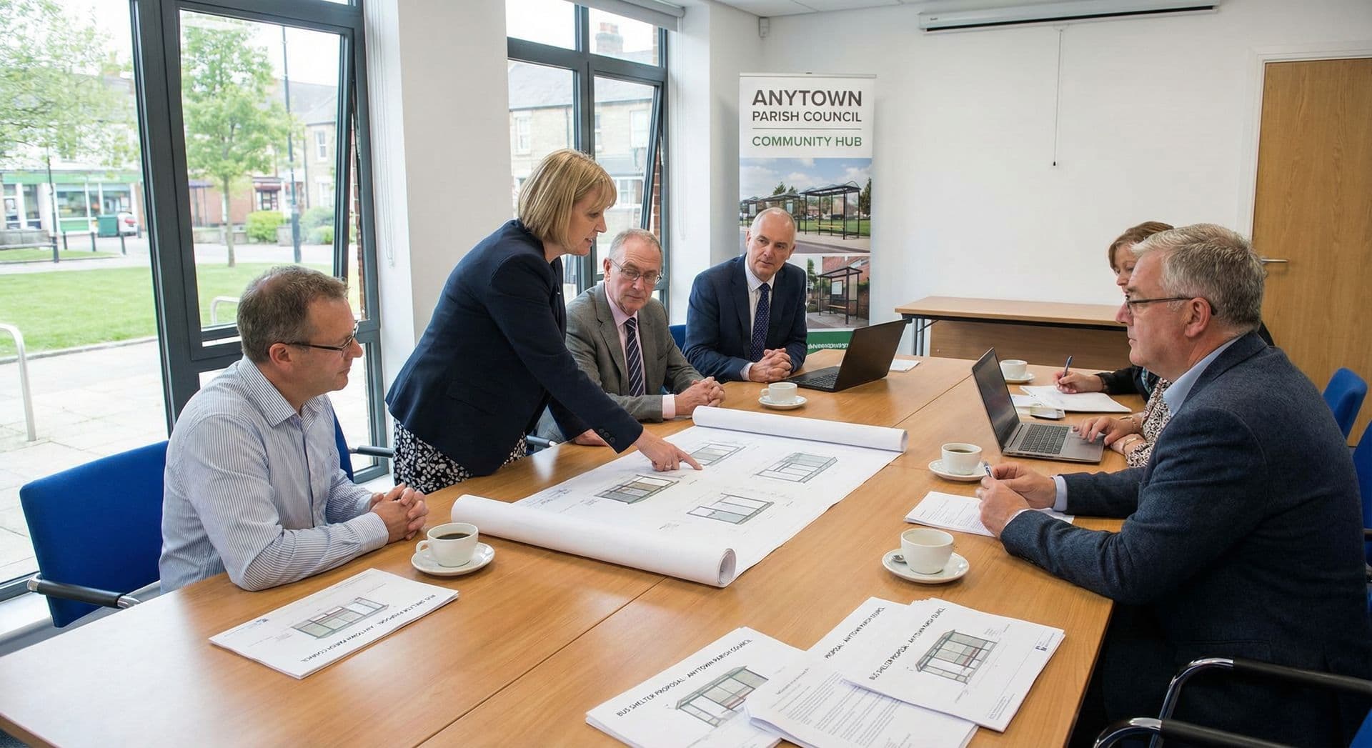 Parish councillors around a table looking at bus shelter drawings