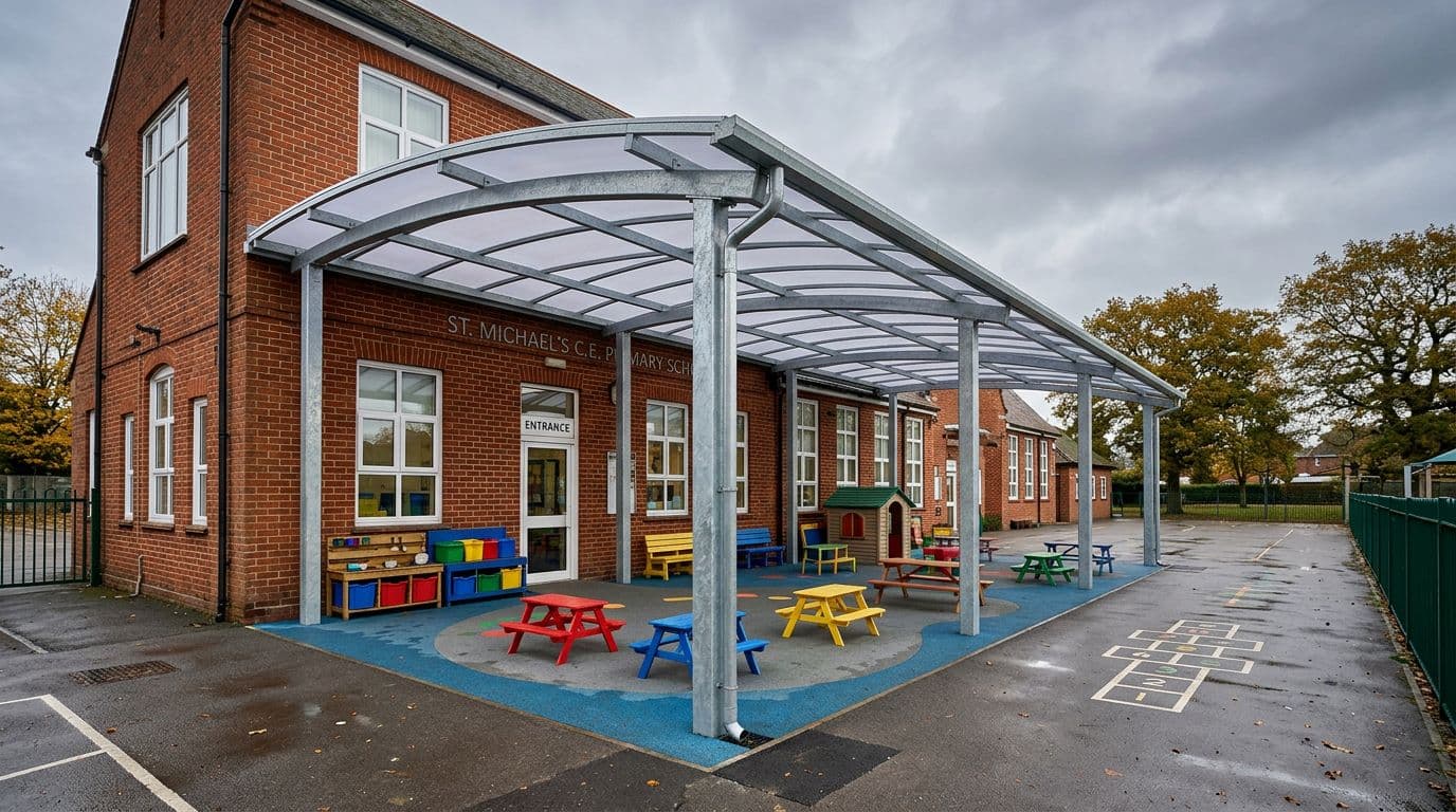Curved polycarbonate canopy over a colourful play area outside a brick primary school