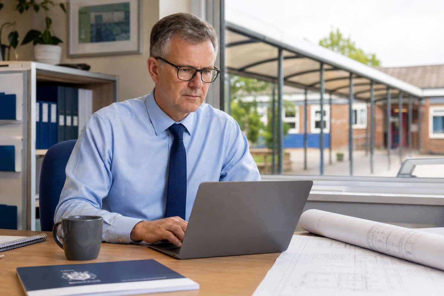 Man working on a laptop with a covered walkway visible through the office window