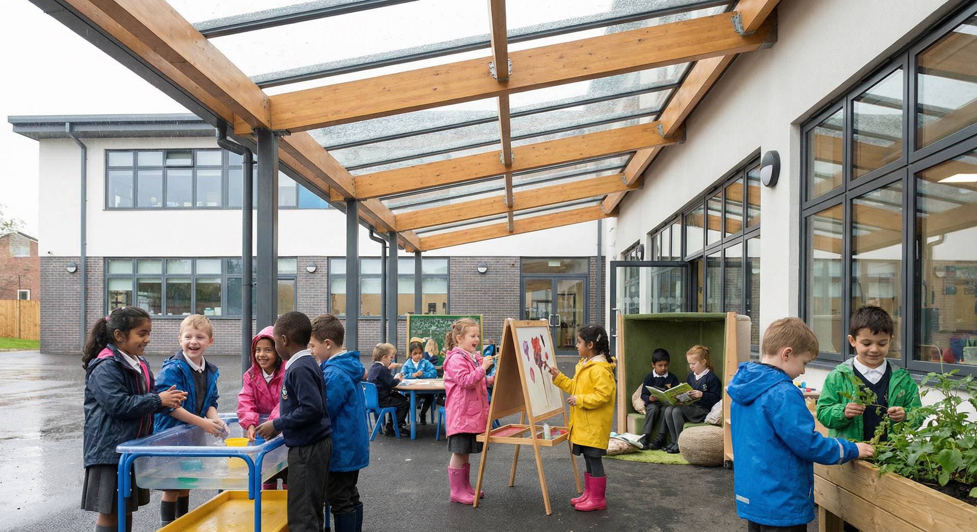 Young pupils doing outdoor activities under a glazed school canopy