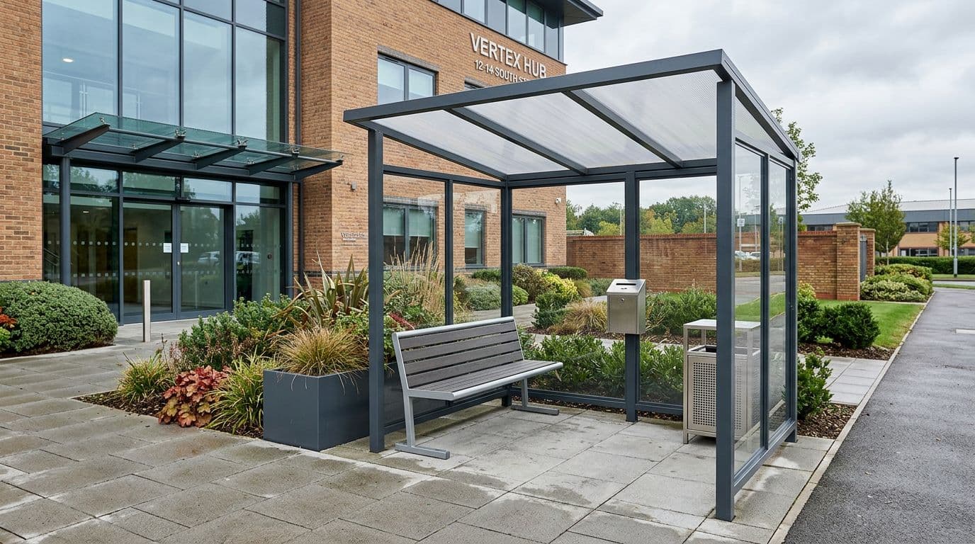Grey smoking shelter with bench and bin outside an office entrance