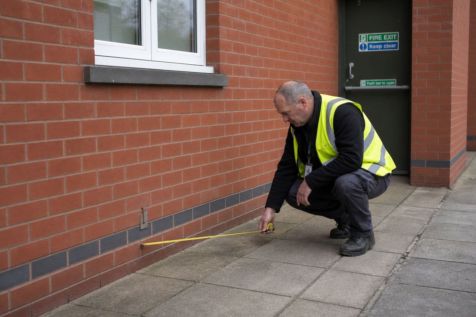 Man in a hi-vis vest measuring the distance from a fire exit door with a tape measure