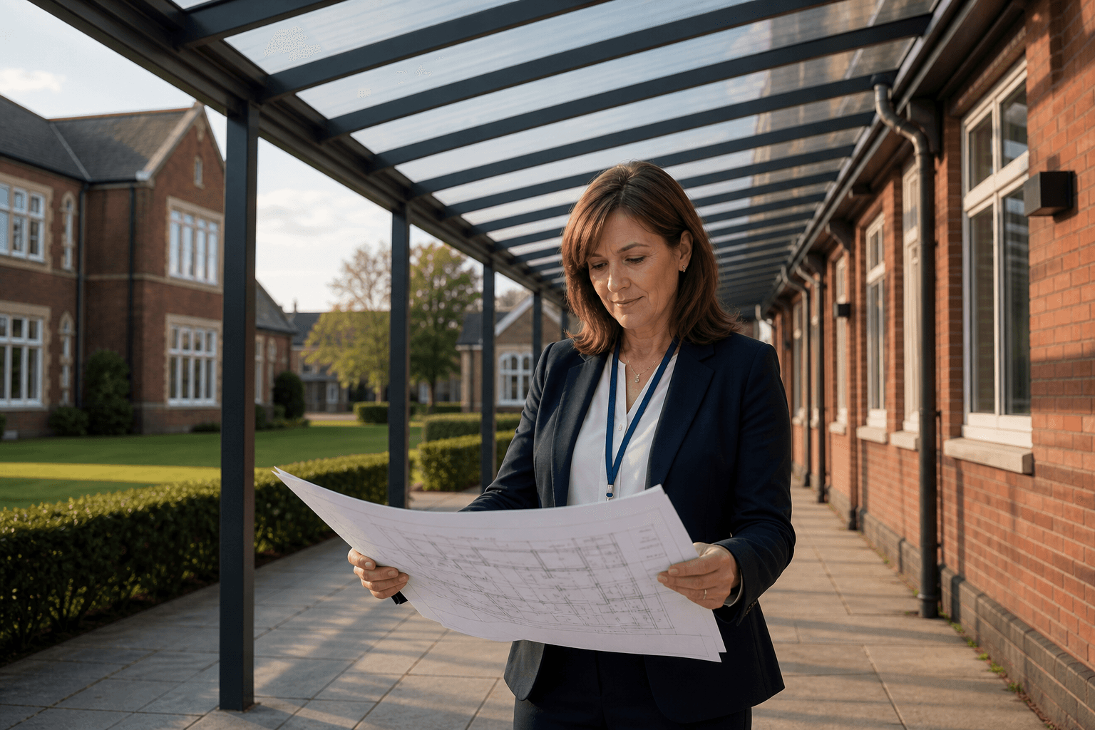 School business manager reviewing covered walkway drawings under an aluminium canopy at a UK school