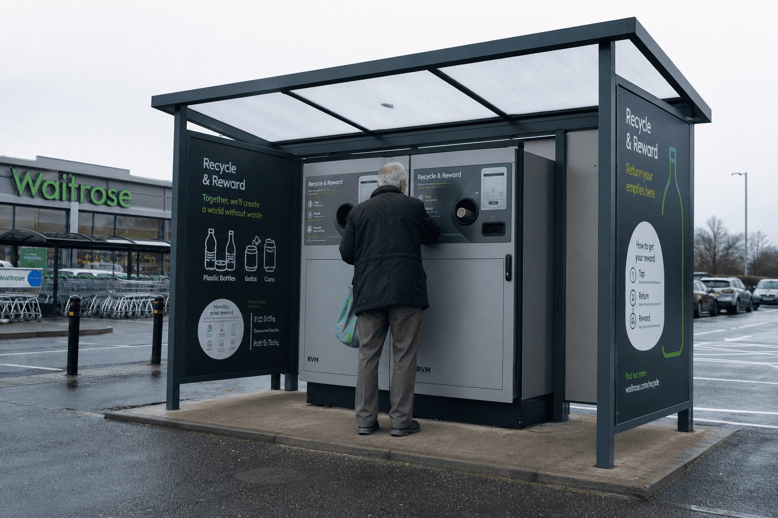 Aluminium RVM shelter housing two reverse vending machines outside a UK supermarket