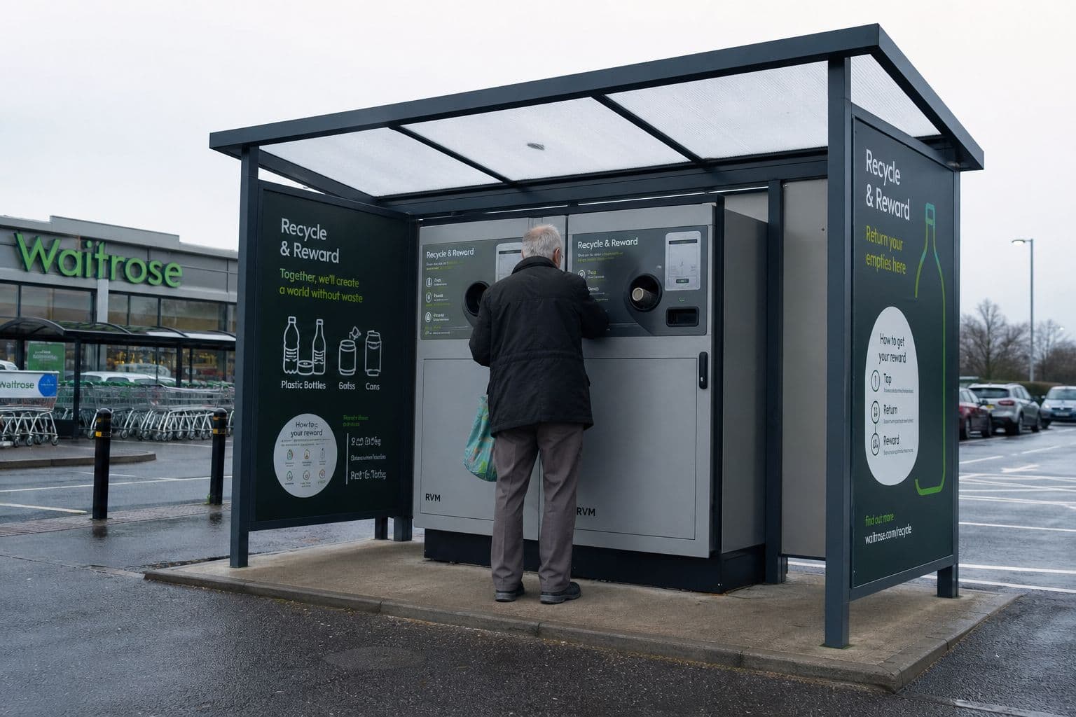 Aluminium canopy shelter over reverse vending machines in a supermarket car park