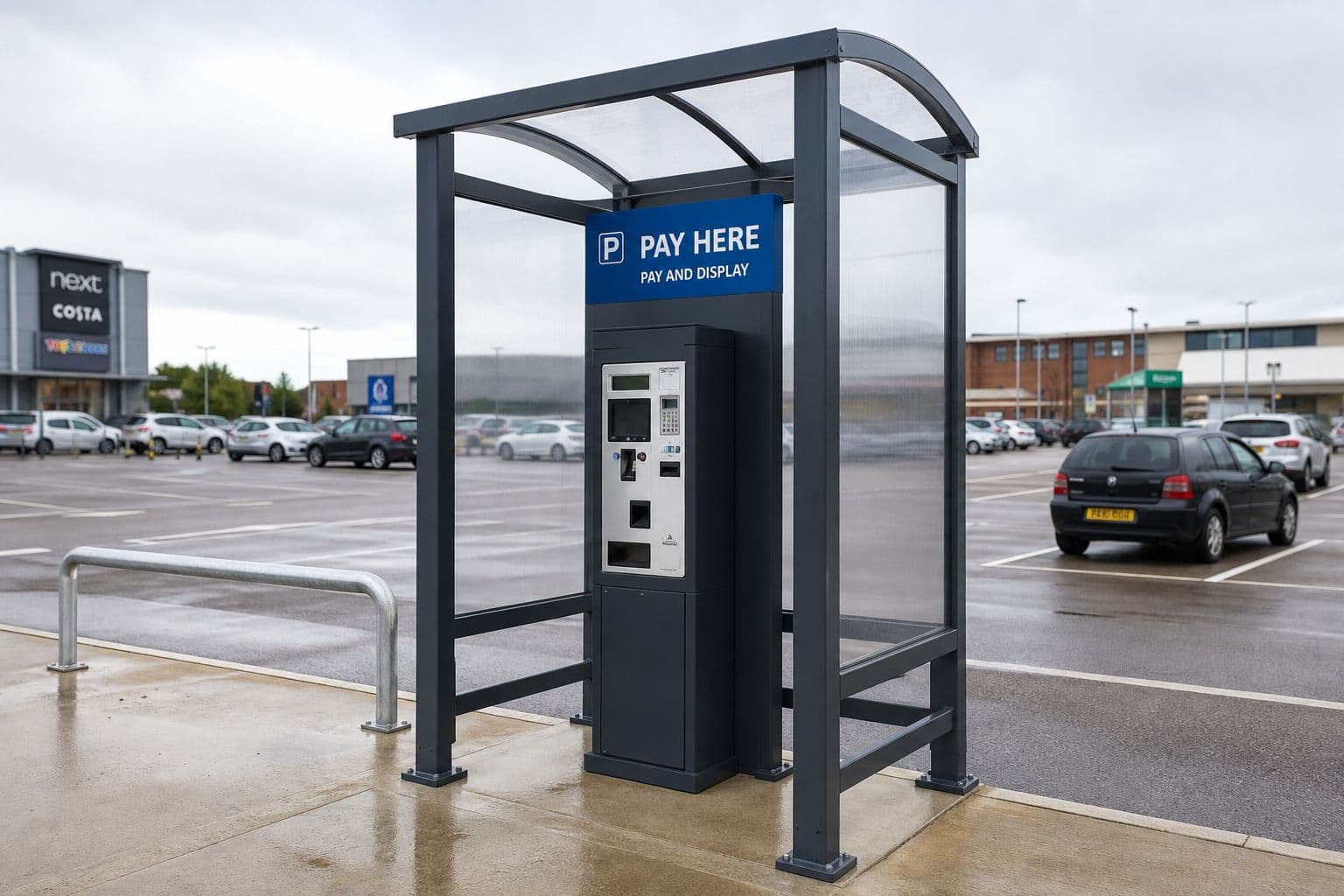 Curved roof shelter over a pay and display machine in a car park