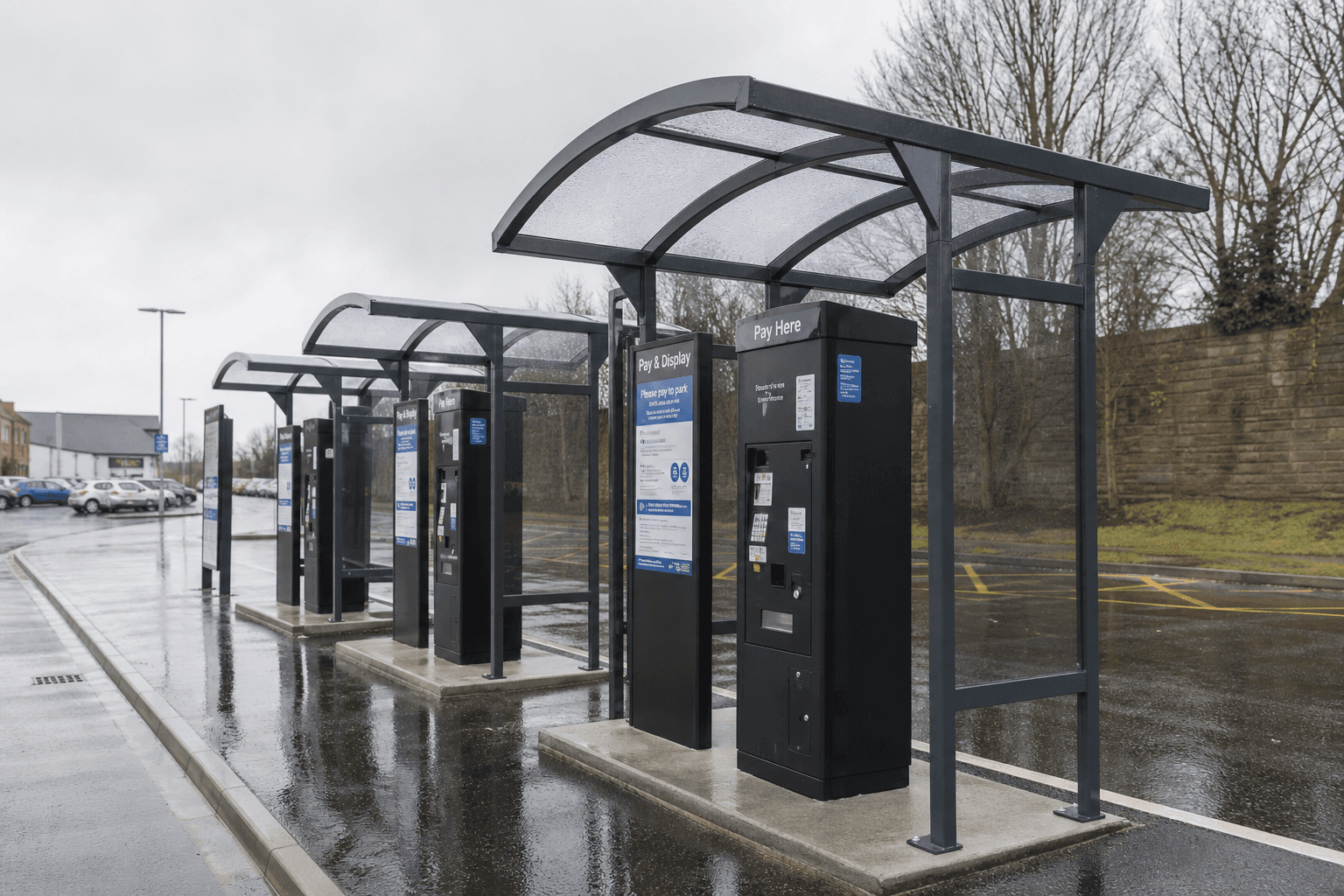 Row of ticket machine shelters at a UK car park